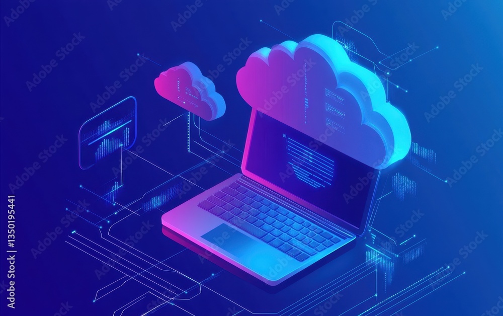 Poster a digital illustration of cloud computing, with a laptop and interconnected clouds on a blue backgro