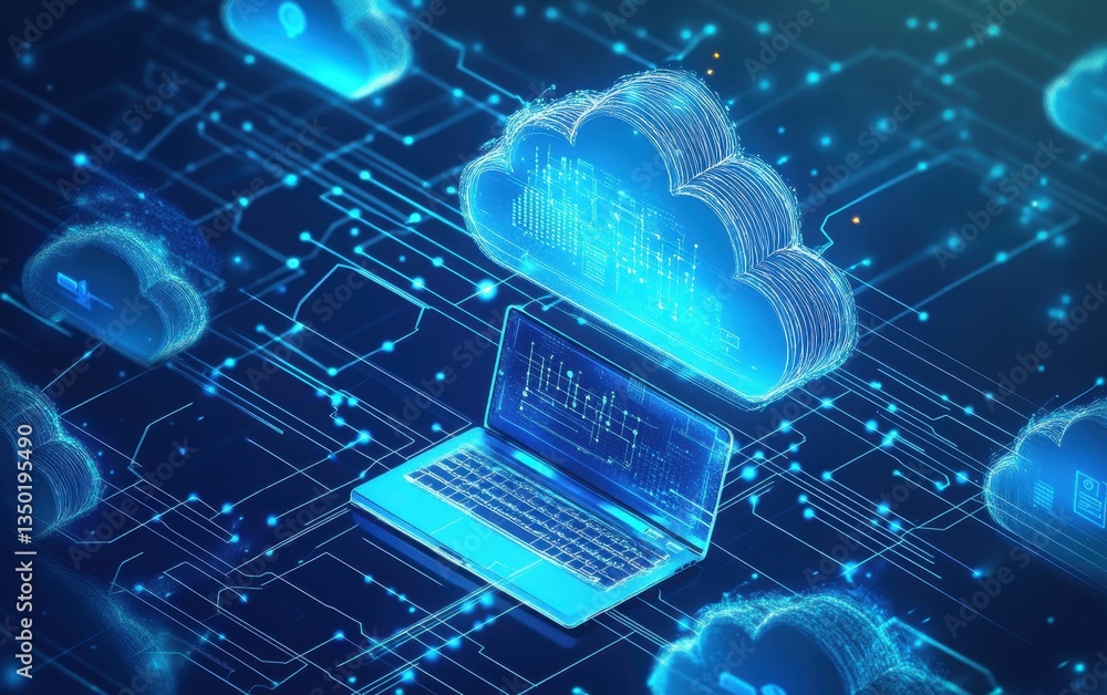 Poster a digital illustration of cloud computing, with a laptop and interconnected clouds on a blue backgro