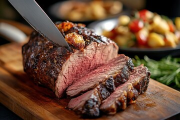 Sliced Roast Beef on Cutting Board with Side Dishes