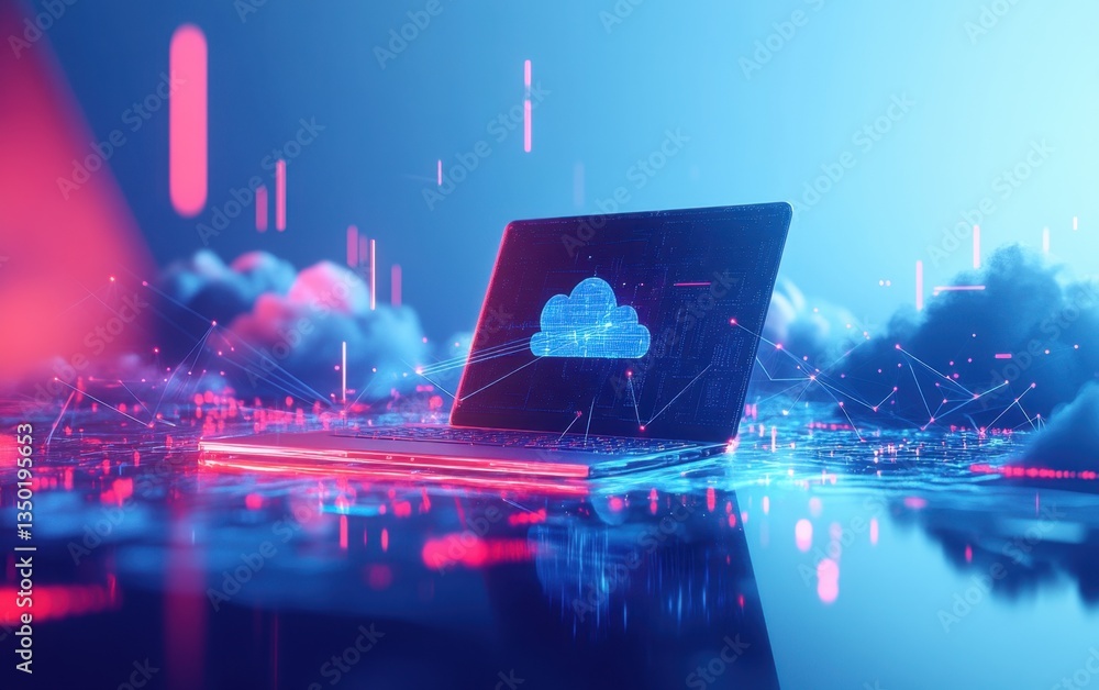 Poster a digital illustration of cloud computing, with icons representing laptops and clouds interconnected