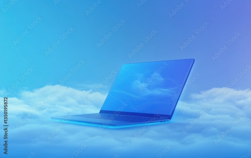 Poster blue background with digital clouds connected to a laptop, symbolizing cloud computing technology fo