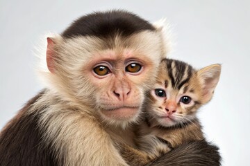 Obraz premium Cute monkey holds kitten in a heartwarming display of friendship in a studio setting