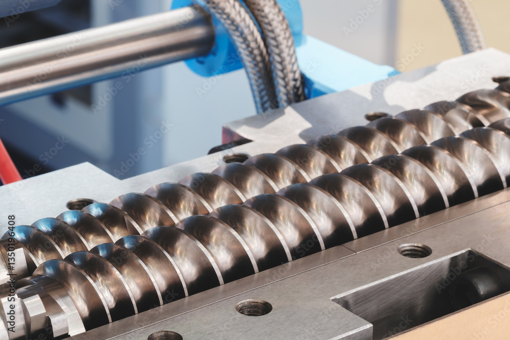 Poster a schruder machine with a spiral design on it. the machine is made of metal and has a blue and silve
