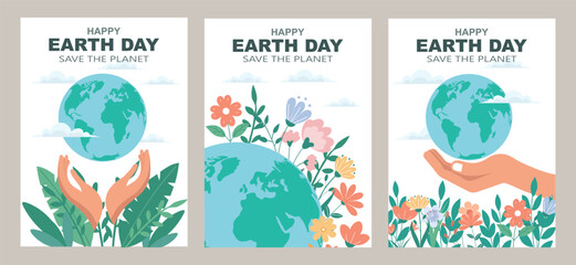 Earth day poster set with globe, hands, flowers, and the text Save the Planet. Set of banners. Illustration.