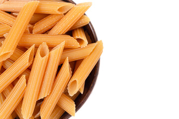 Traditional Raw Penne Pasta on a White Background