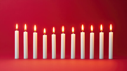 Row of Twelve Lit Candles Against a Bright Red Background