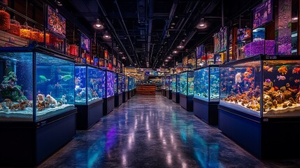 Aquarium store interior with multiple fish tanks.