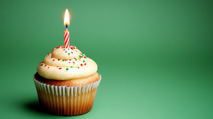colorful birthday cupcake with wax candle against vibrant bold green background, minimalistic small green velvet birthday cake, blank space for text on backdrop