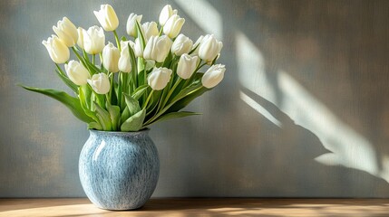 Elegant Arrangement of White Tulips in a Blue Vase – A Timeless Floral Display