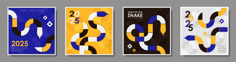 Set of 4 Greeting cards with vibrant illustration for 2025 Year of the Snake featuring geometric snake in blue, yellow, black and white colors with circles. Modern trendy square posters, postcards
