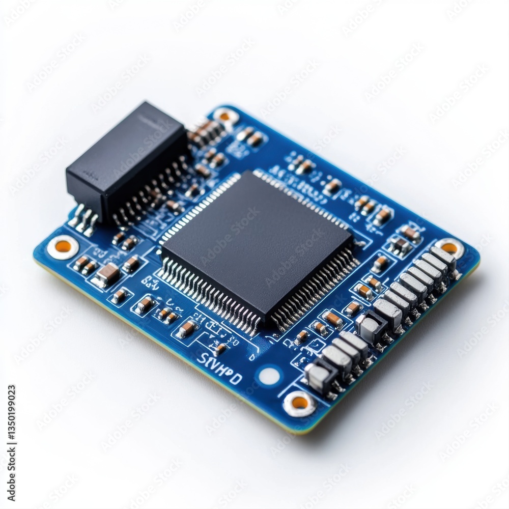 Poster electronic circuit board featuring microchip and various electronic components on a blue background