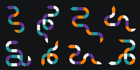 Geometric snakes in various shapes and arrangements with vibrant orange, purple, teal, and white segments. Modern minimalist style on black background with bold abstract and symmetrical pattern