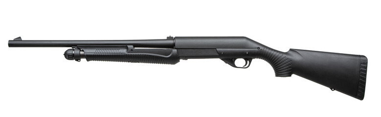 A black pump-action shotgun with a synthetic stock and fore-end, isolated on a white background