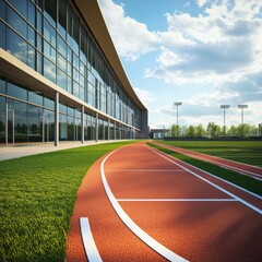 Fototapeta premium Running track alongside modern sports facility during sunny day with clear blue sky and green landscape