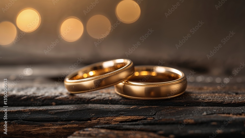Poster two elegant gold wedding rings on a rustic wooden surface with soft bokeh lights in the background d