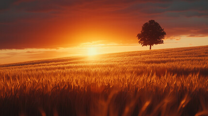 A breathtaking sunset over a vast, golden wheat field stretching to the horizon.