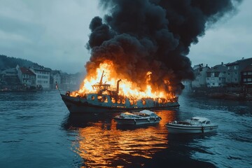 Fototapeta premium Fire engulfs fishing boat on calm waters in coastal town during overcast day