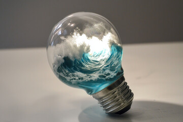 Inside the glass of a light bulb a miniature ocean swells with motion, its waters alive with crashing white-crested waves that seem to stretch endlessly within the confines of the bulb’s fragile walls