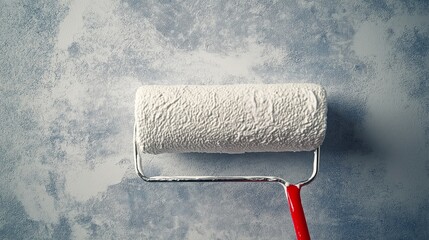 Obraz premium Painting tools with a white roller on a textured gray wall in a home renovation setting