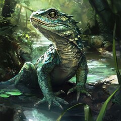 A vibrant, teal-hued lizard rests by a tranquil stream in a lush forest