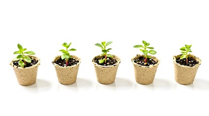 Fototapeta premium Young seedlings in biodegradable pots arranged in a row, isolated on a stark white background, suitable as a standalone natural element for web banners and ecological designs