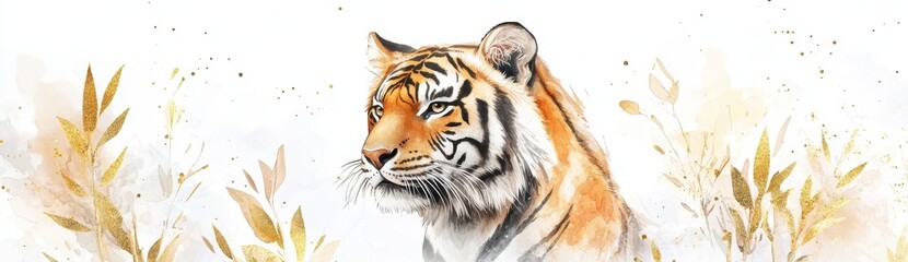 Obraz premium Realistic Watercolor Tiger Art: Ferocious Safari Predator in Floral Nature