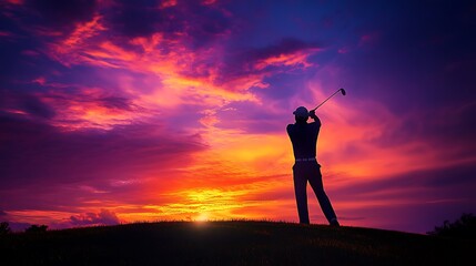 Golfer silhouetted at sunset on a golf course