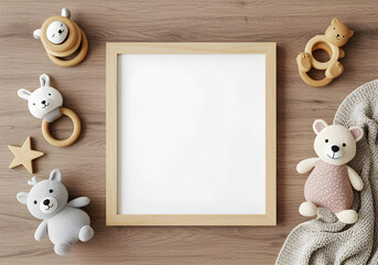 Blank Square Wooden Frame Mockup for Nursery Art Lay Flat with Baby Toys and Accessories