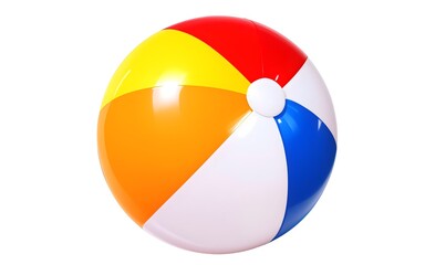 Obraz premium Colorful beach ball with red, yellow, orange, blue, and white panels, isolated on a clean white background, ideal as a fun summer element for playful design projects