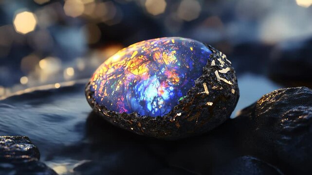 An opal stone. Blurry background of a jewel stone. A glare of light from a diamond. Lifestyle a precious opal.