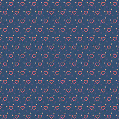Navy blue heart pattern with pink hearts and white dots, seamless repeating design for backgrounds, fabrics, cards, and decorations.