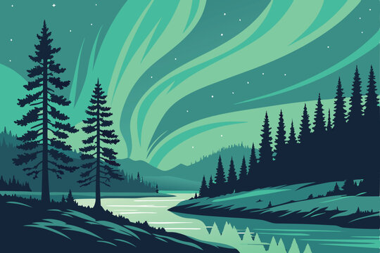 Adobe Illustr20 Aurora borealis, northern lights, night sky, forest silhouette, reflective lake, winter landscape, ethereal glow, vibrant green and blue colors, starry night, atmospheric pator Artwork