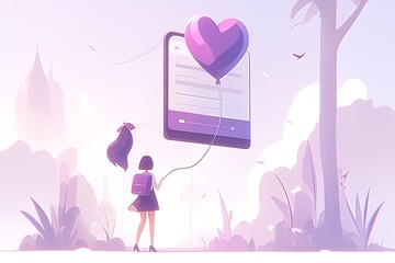 Girl with tablet & heart balloon.