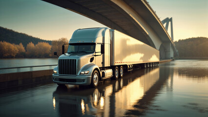 Large truck parked near a river under a bridge during early morning light with reflections creating a serene atmosphere