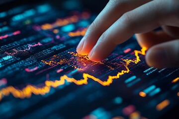 Naklejka premium Close-Up of Finger Touching Digital Screen with Stock Market Graph