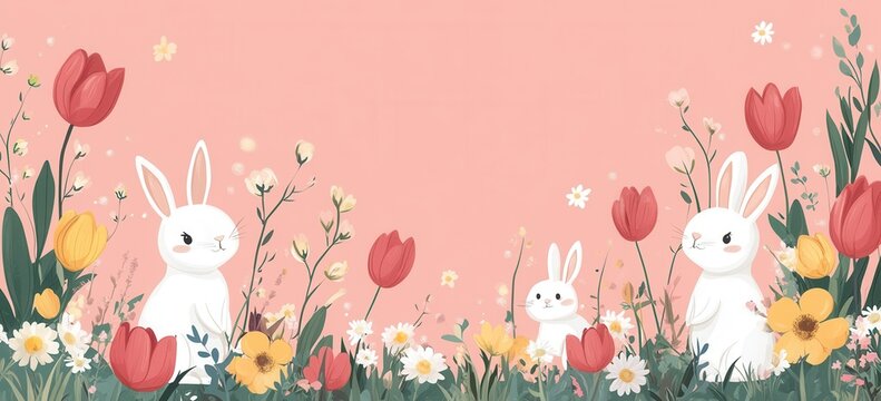 Easter bunnies in a colorful spring floral border on a pink background - Powered by Adobe