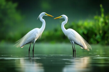 Obraz premium Nature, highlighted in a wetland ecosystem, with birds, amphibians, and aquatic plants coexisting in a well-balanced environment 