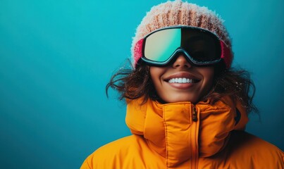 Smiling individual wearing ski goggles and winter gear against a vibrant background
