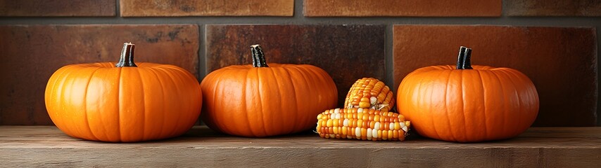 Autumn pumpkins  corn brick wall.