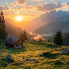 Stunning sunset over a mountain valley with a cabin