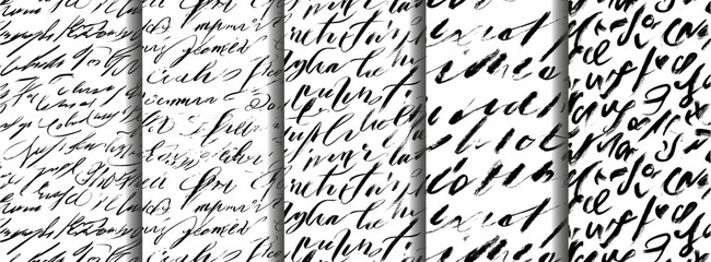 Calligraphy on a white background. Seamless pattern. Black and white, cursive, texture