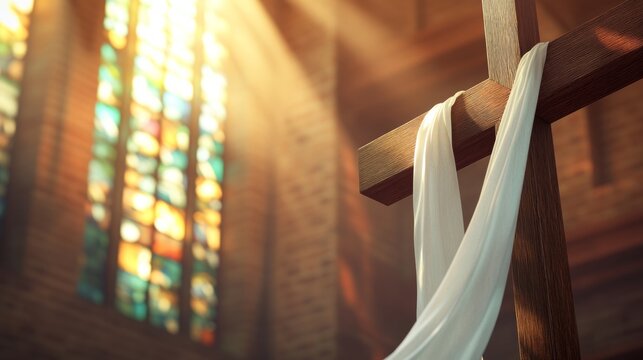 Solemn and peaceful religious setting with draped cross and light