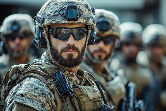Soldiers in tactical gear preparing for training in a military setting during daytime operations - Powered by Adobe