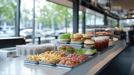 Restaurant counter displaying assorted fast food
