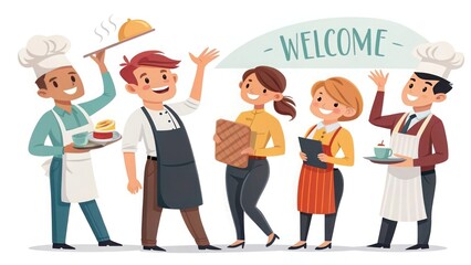 Obraz premium A group of restaurant staff welcoming customers, warm smiles, white background, clean vector illustration.