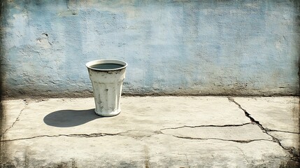 Weathered cup with dark liquid sits on cracked ground against a textured wall.
