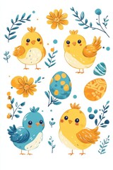 Obraz premium Adorable baby chicks with colorful accents and floral decorative elements