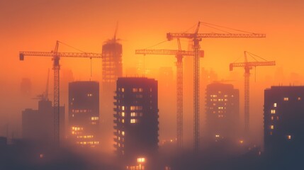 Cityscape construction cranes sunset fog