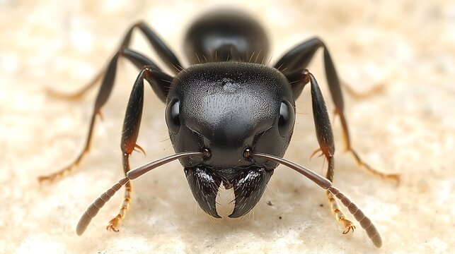 Close-up of a black ant facing the camera.