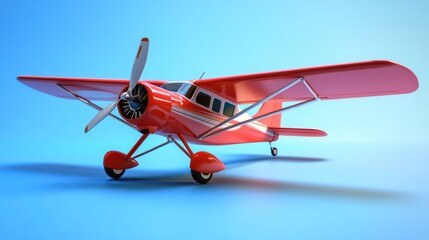 Red propeller plane studio shot, blue background, travel concept